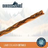 DogginStix lamb collagen treat with a mountainous background and brand logo. DO TREAT SALE