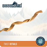 DogginStix dog chew with mountain landscape background and brand logo. DOG TREAT SALE