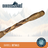 Dogginstix barbell with mountainous background and brand logo. DOG TREAT SALE