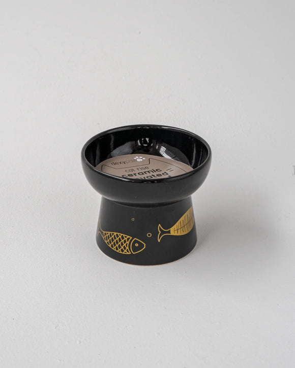 DEXYPAWS ELEVATED CAT BOWL BLACK CERAMIC WITH GOLD FISH
